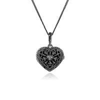 925 Sterling Silver Diamond & Marcasite April Birthstone Heart Locket Necklace