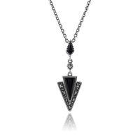 925 Sterling Silver 1.05ct Black Onyx & Marcasite Art Deco Necklace
