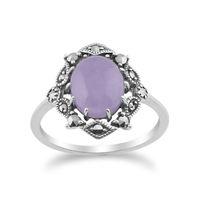 925 Sterling Silver Art Nouveau Lavender Jade & Marcasite Ring