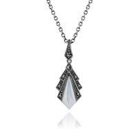 925 Sterling Silver 1ct Mother of Pearl & Marcasite Art Deco Necklace