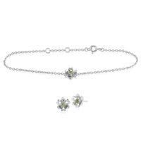 925 Sterling Silver Peridot Floral Stud Earring & 19cm Bracelet Set