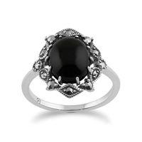 925 Sterling Silver Art Nouveau Onyx & Marcasite Ring