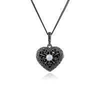 925 Sterling Silver Pearl & Marcasite June Birthstone Heart Locket Necklace
