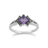 925 Sterling Silver Art Deco Amethyst & Marcasite Ring