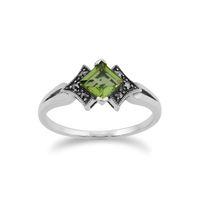 925 Sterling Silver Art Deco Peridot & Marcasite Ring