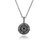925 Sterling Silver 0.10ct Amethyst & Marcasite Locket Necklace