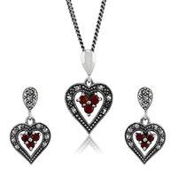 925 sterling silver garnet marcasite heart earring 45cm necklace set