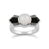 925 Sterling Silver Art Deco Black Onyx, Mother of Pearl & Marcasite Ring
