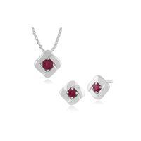 925 Sterling Silver Ruby Square Crossover Stud Earring & 45cm Necklace Set