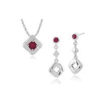 925 Sterling Silver Ruby Square Crossover Drop Earring & 45cm Necklace Set