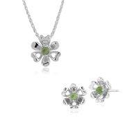 925 Sterling Silver Peridot Floral Stud Earring & 45cm Necklace Set