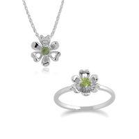 925 Sterling Silver Peridot Floral 45cm Necklace & Ring Set