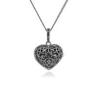925 Sterling Silver Peridot & Marcasite August Birthstone Heart Locket Necklace