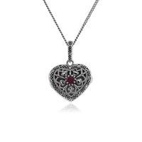 925 Sterling Silver Ruby & Marcasite July Birthstone Heart Locket Necklace
