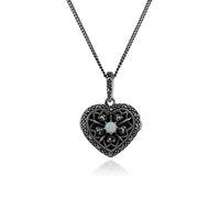 925 Sterling Silver Opal & Marcasite October Birthstone Heart Locket Necklace