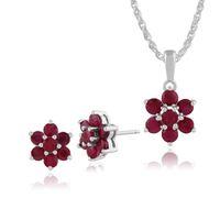 925 Sterling Silver Ruby Floral Stud Earrings & 45cm Necklace Set