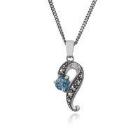 925 Sterling Silver 0.55ct Blue Topaz & Marcasite Art Nouveau Necklace