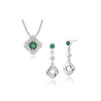 925 Sterling Silver Emerald Square Crossover Drop Earring & 45cm Necklace Set