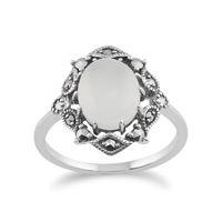 925 Sterling Silver Art Nouveau Moonstone & Marcasite Ring