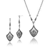 925 Sterling Silver Art Deco Opal & Marcasite Drop Earrings & 45cm Necklace Set