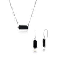 925 Sterling Silver Black Onyx Hexagonal Prism Drop Earring & 45cm Necklace Set