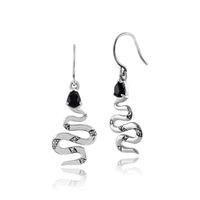 925 sterling silver black spinel marcasite snake drop earrings