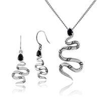 925 Sterling Silver Black Spinel & Marcasite Snake Earrings & 45cm Necklace Set