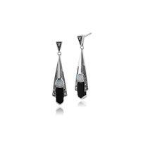 925 Sterling Silver Art Deco Black Onyx, Opal & Marcasite Drop Earrings