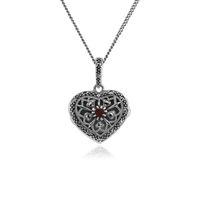 925 Sterling Silver Garnet & Marcasite January Birthstone Heart Locket Necklace