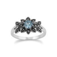 925 Sterling Silver Floral Art Deco Blue Topaz & Marcasite Ring