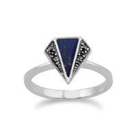 925 Sterling Silver Lapis Lazuli & Marcasite Art Deco Ring