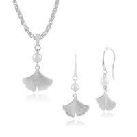 925 Sterling Silver Ginkgo Flower Pearl Drop Earring & 45cm Necklace Set