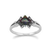 925 Sterling Silver Art Deco Mystic Green Topaz & Marcasite Ring