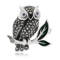 925 sterling silver marcasite amethyst enamel owl brooch