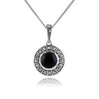 925 Sterling Silver Art Deco Black Onyx & Marcasite 45cm Necklace