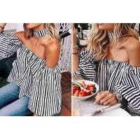 999 instead of 49 from boni caro for a striped off shoulder puff sleev ...