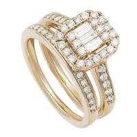 9ct gold 0.63 carat ladies baguette and round brilliant diamond halo bridal set