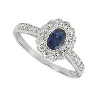 9ct white gold sapphire and 0.25 carat diamond antique-style cluster ring