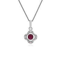 9ct White Gold 0.15ct Ruby & Diamond Floral Pendant on 45cm Chain