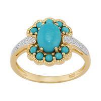 9ct Yellow Gold 1.24ct Natural Turquoise & 1.6pt Diamond Cluster Ring