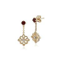 9ct Yellow Gold Garnet & Diamond Floral Motif Drop Earrings