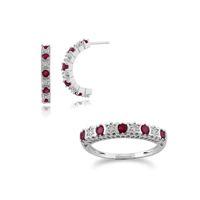 9ct White Gold Ruby & Diamond Half Hoop Earring & Ring Set