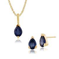 9ct Yellow Gold Pear Light Blue Sapphire Stud Earring & 45cm Necklace Set