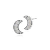 9ct White Gold 0.18ct Opal & Diamond Crescent Moon Stud Earrings