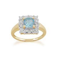 9ct Yellow Gold 1.20ct Blue Topaz & Diamond Square Cluster Ring