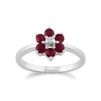 9ct White Gold 0.59ct Natural Ruby & Diamond Floral Cluster Ring