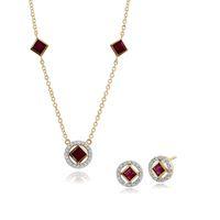 9ct Yellow Gold Ruby & Diamond Stud Earring & 45cm Necklace Set
