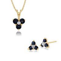 9ct Yellow Gold Sapphire & Diamond Floral Stud Earring & 45cm Necklace Set