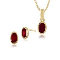 9ct Yellow Gold Ruby Single Stone Framed Stud Earrings & 45cm Necklace Set