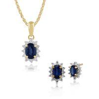 9ct Yellow Gold Sapphire & Diamond Oval Cluster Stud Earring & 45cm Necklace Set